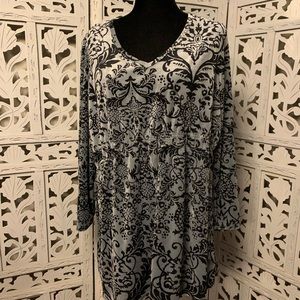 WOMAN WITHIN BEAUTIFUL SILVER & BLACK SOFT VELVET STRETCHY LONG SLEEVE TUNIC TOP